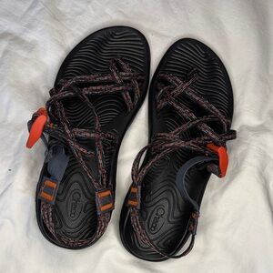 Chaco Black and Red Orange Strapped Sandals